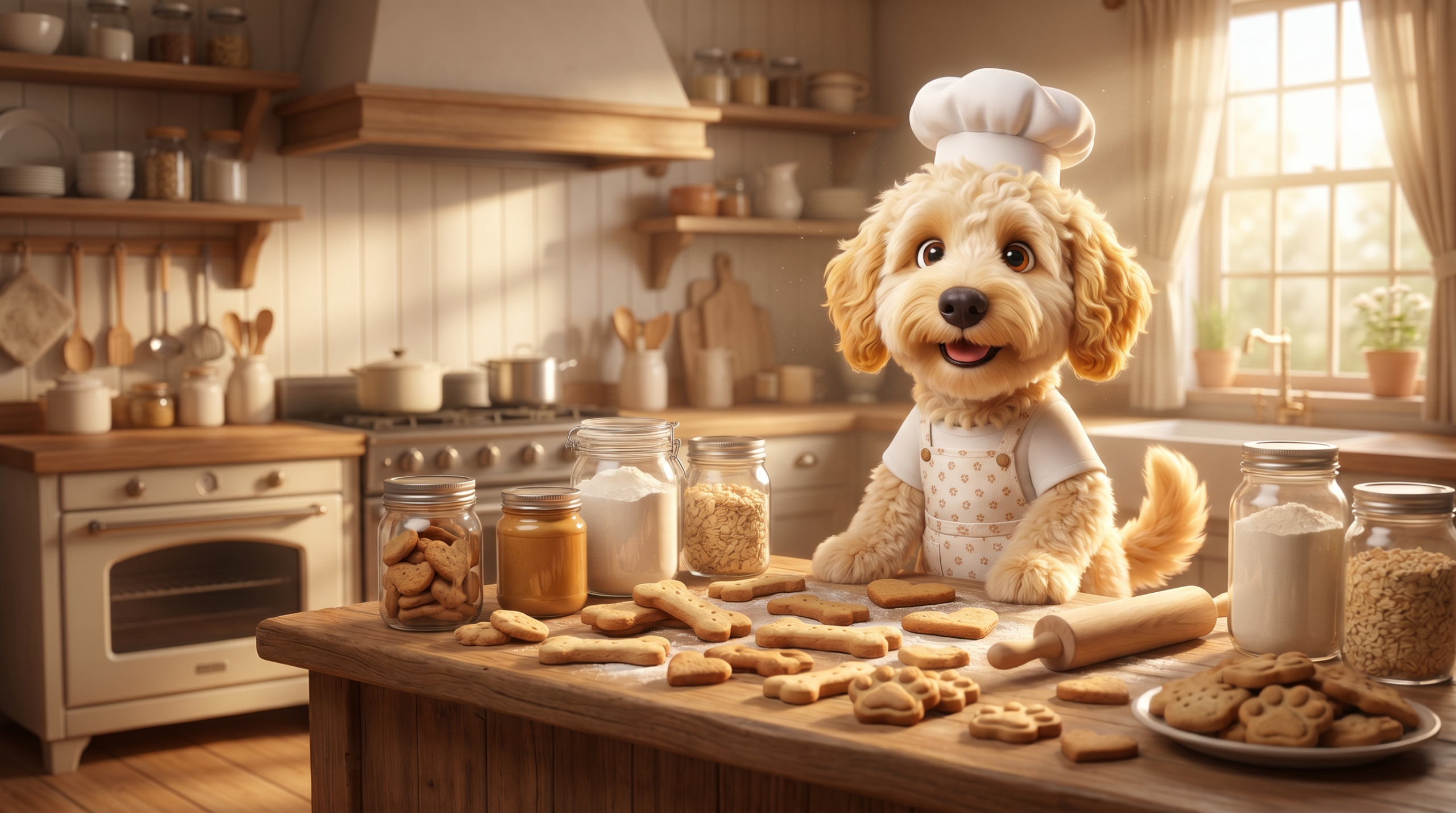 Goldendoodle baker in a cozy kitchen full of homemade dog treats