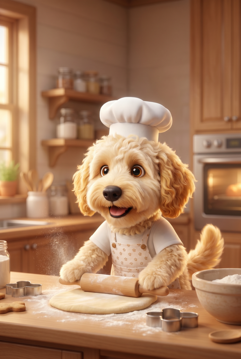 Goldendoodle baker rolling out dog treat dough
